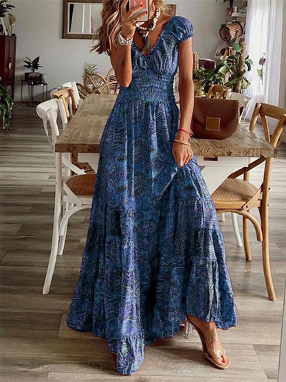 Blue Print Maxi Dress Short Cap Sleeves Smocked Waist Versatile Multi Occasion Dress