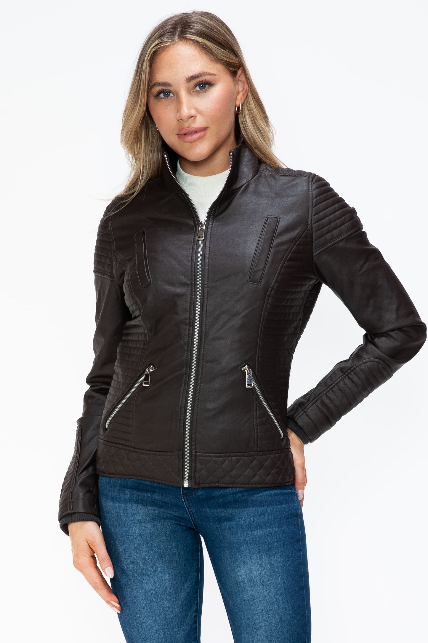 Faux Layered Double-Zipper Jacket with Fuzzy Hood