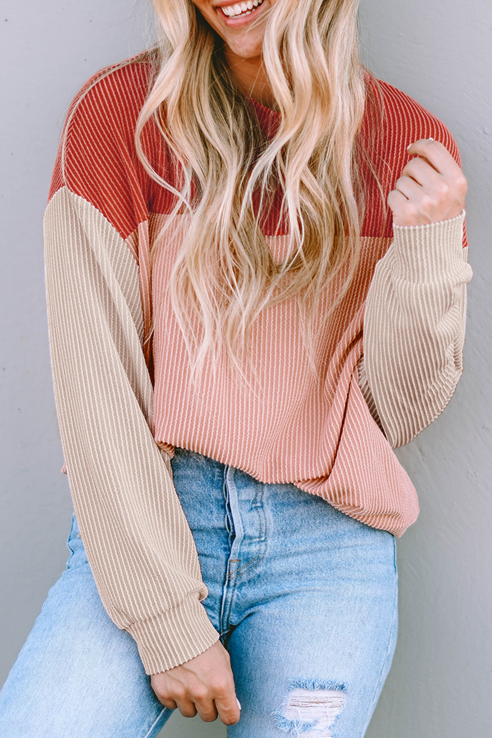 Red Color Block Long Sleeve Ribbed Loose Top