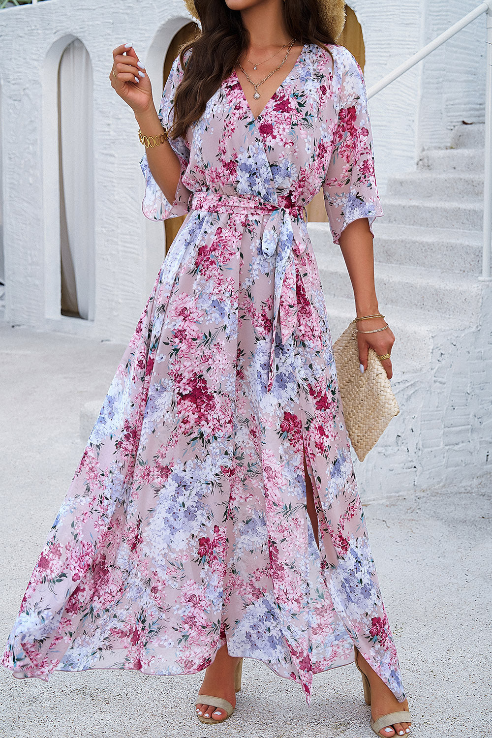 Divine Printed Tied Half Sleeve Slit Dress