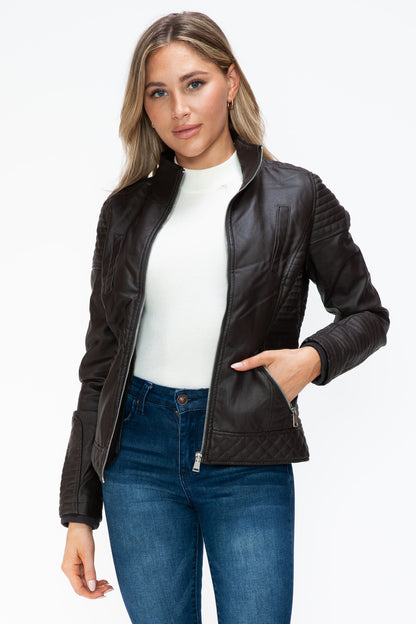 Faux Layered Double-Zipper Jacket with Fuzzy Hood