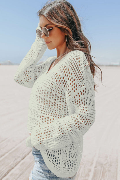 White Crochet V Neck Pullover Sweater