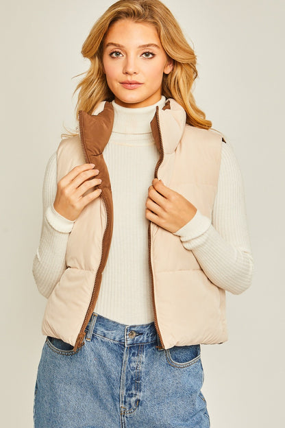 Time for Cocoa Zip Up Cropped Contrast Reversible Vest