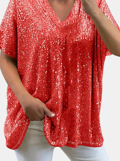 Size Inclusive Sequin V-Neck Short Sleeve Top