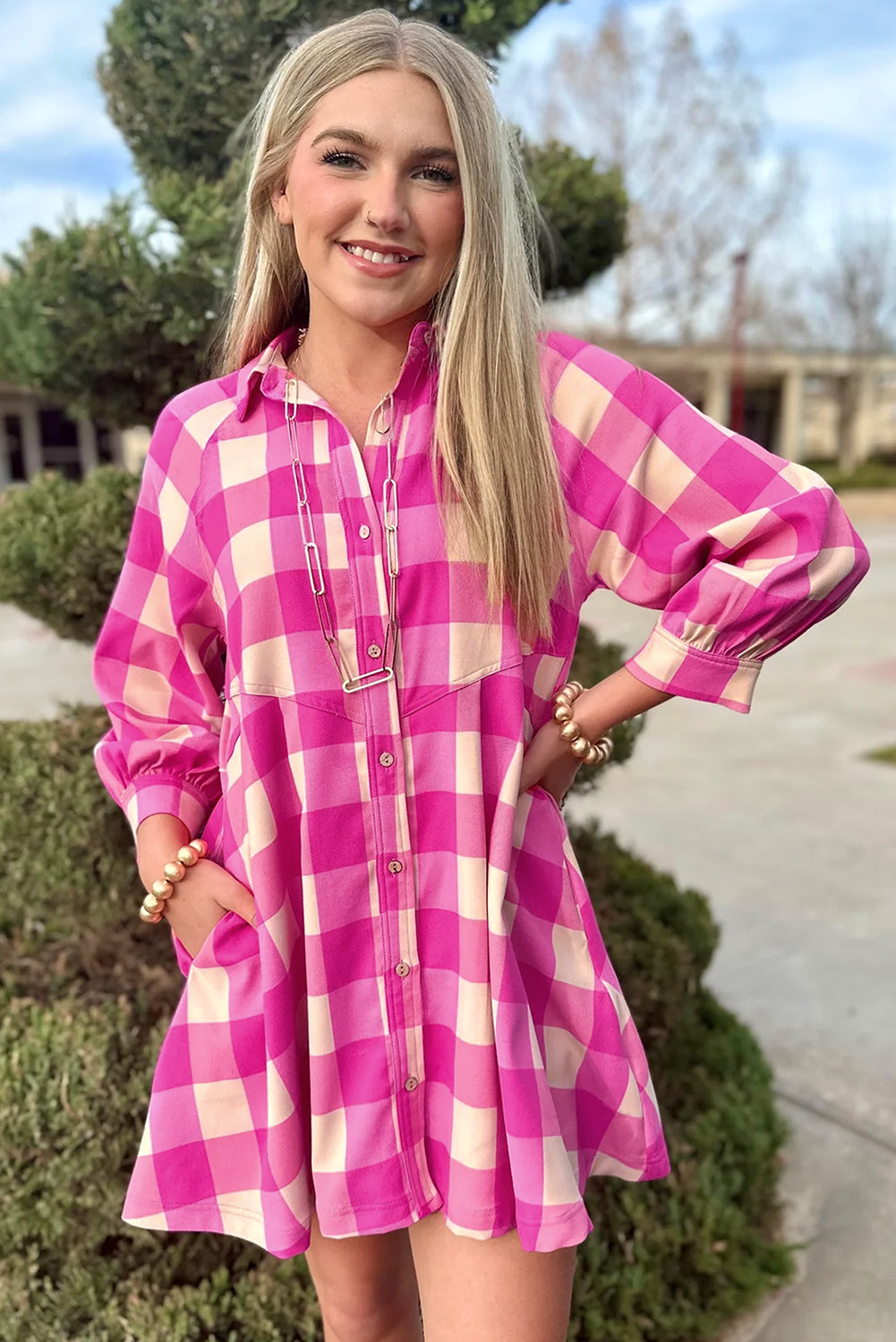 Rose Plaid Shirt Flare Mini Dress