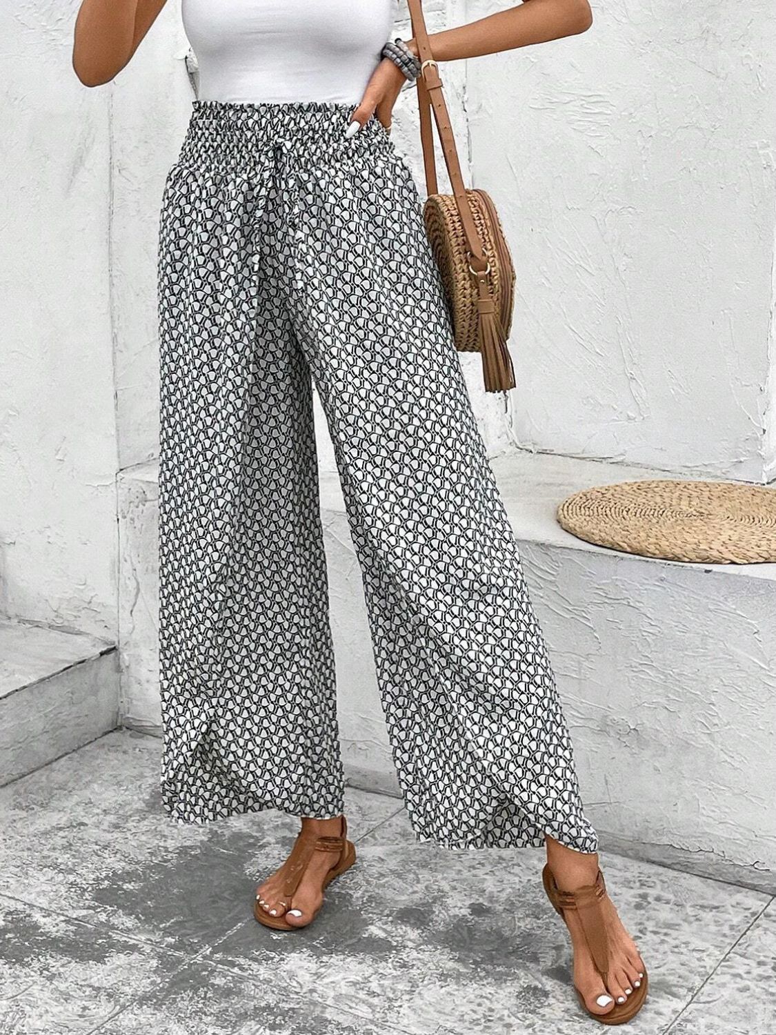 Tied Printed Wide Leg Pants