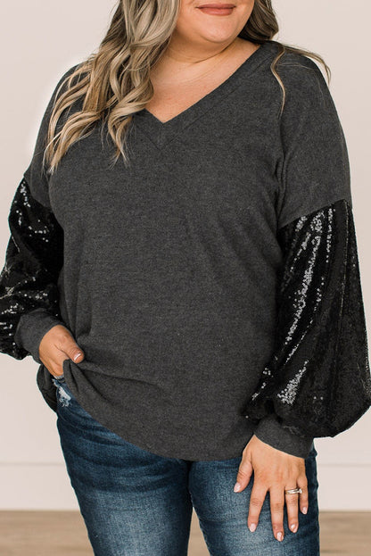 Black Sequin Bubble Sleeve V Neck Knit Top