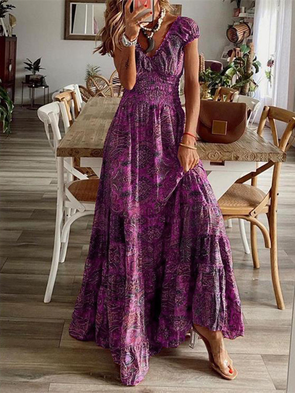 Purple Print Maxi Dress Short Cap Sleeves Smocked Waist Versatile Multi Occasion Dress