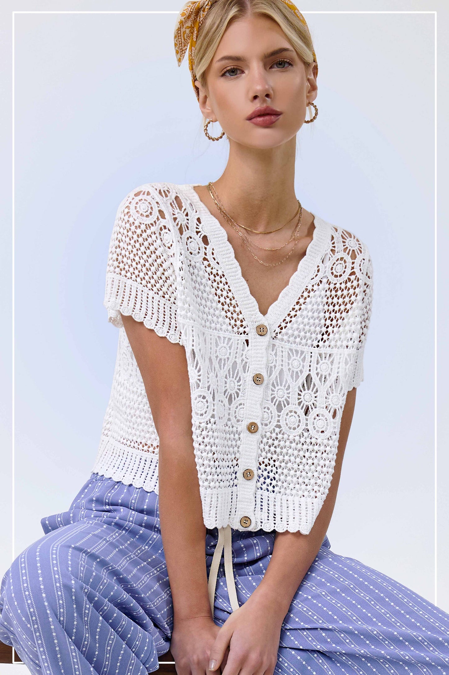 Open Knit Scallop Edge Button Down Cardigan