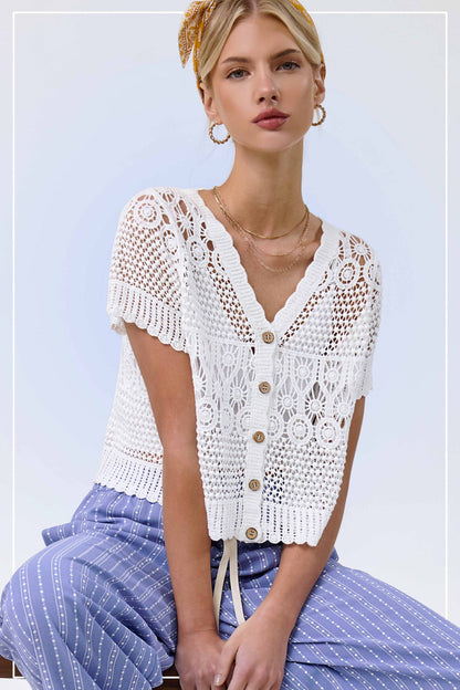 Open Knit Scallop Edge Button Down Cardigan
