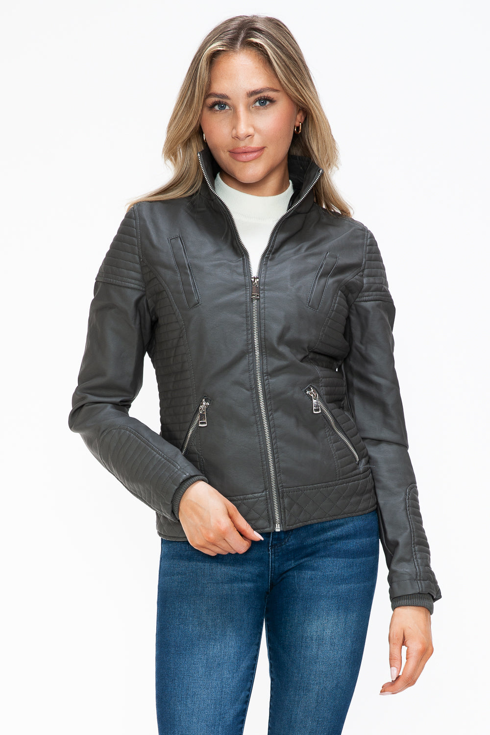 Faux Layered Double-Zipper Jacket with Fuzzy Hood