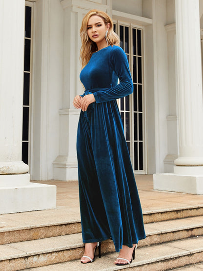 Holiday Tie Front Round Neck Long Sleeve Maxi Dress