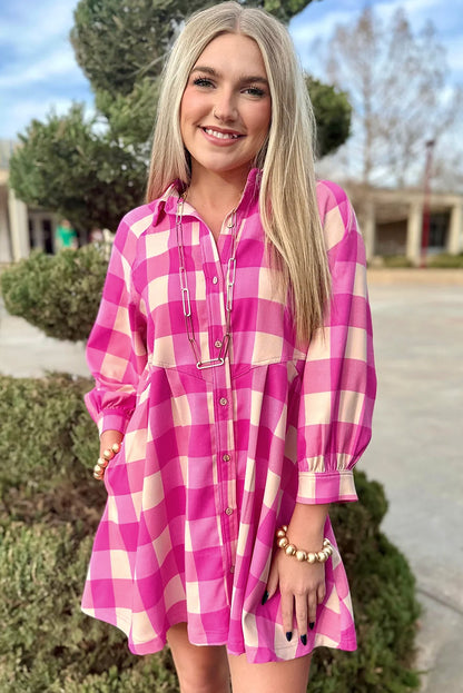 Rose Plaid Shirt Flare Mini Dress