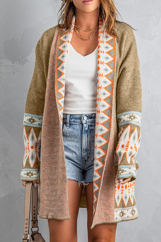 Khaki Aztec Print Open Front Knitted Cardigan