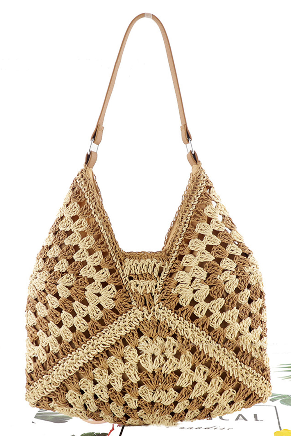 Khaki Stripe Bohemian Fashion Straw Woven Single Shoulder Bag