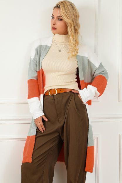 Orange Striped Color Block Drop Shoulder Midi Cardigan