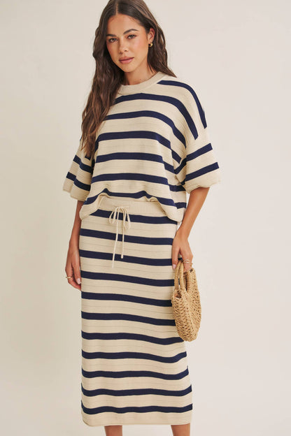 WEEKEND IN CANNES SOFT DRAPE COTTON STRIPE RELAXED SWEATER