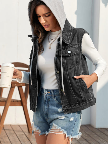 Pocketed Button Up Hooded Denim Vest Jacket