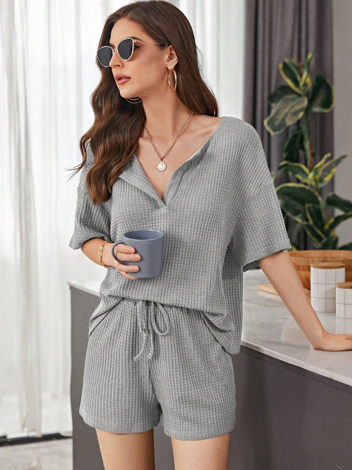 Size Inclusive Waffle-Knit Dropped Shoulder Top and Shorts Set