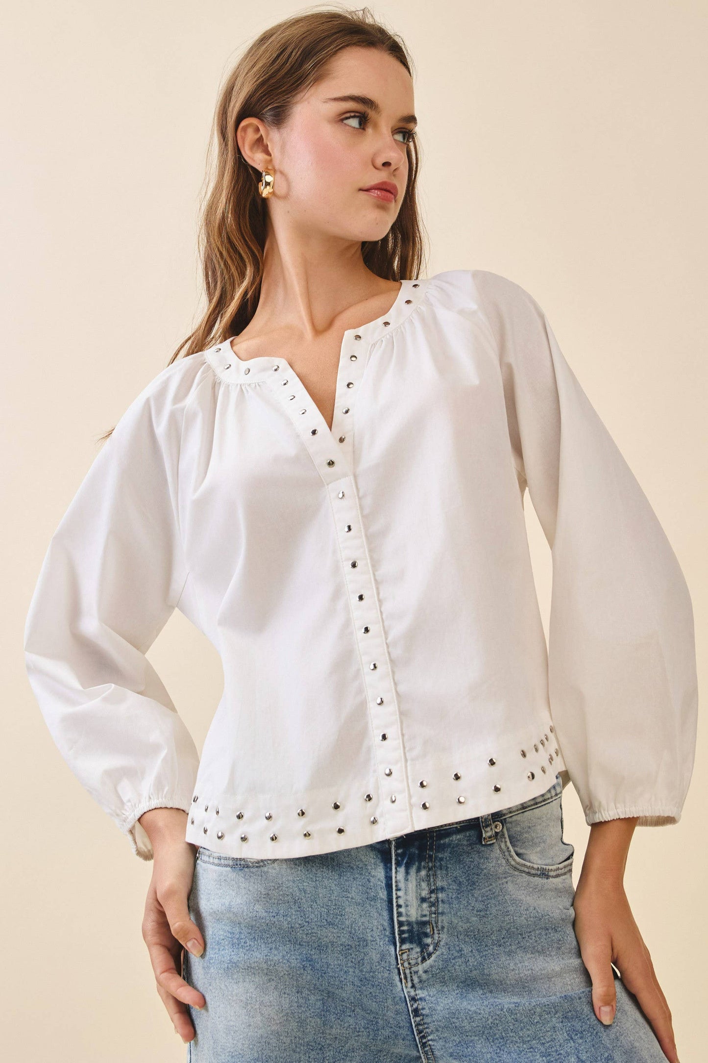 Carissa Silver Stud Embellishments Split Neckline Blouse