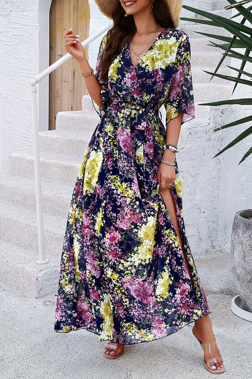 Divine Printed Tied Half Sleeve Slit Dress