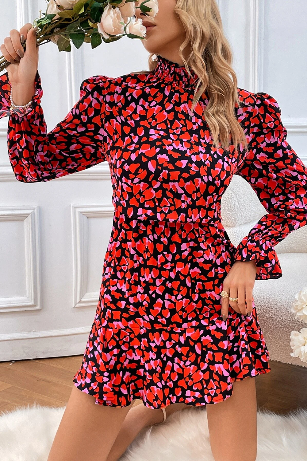 Red Heart Shape Print Long Sleeve Mini Dress