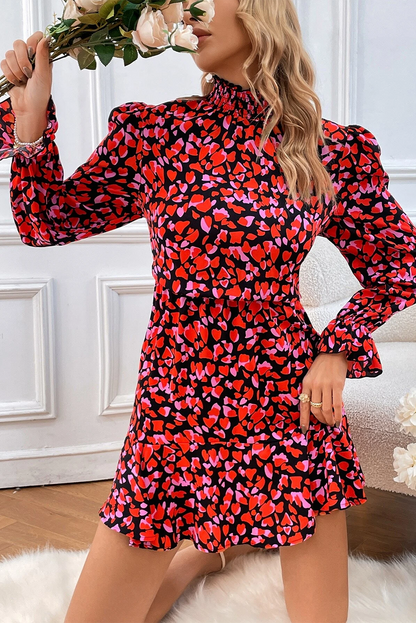 Red Heart Shape Print Long Sleeve Mini Dress