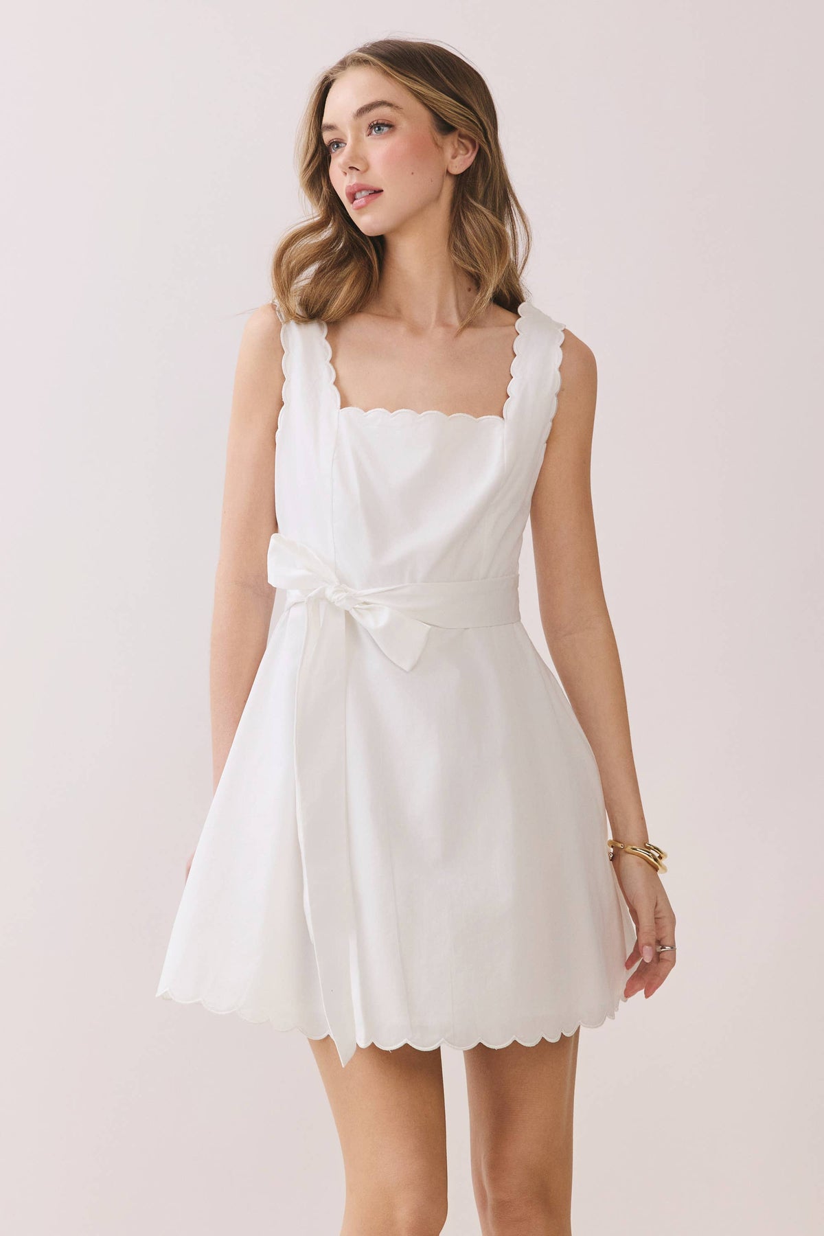Scalloped Trim Detail Self Tie Waist Mini Dress