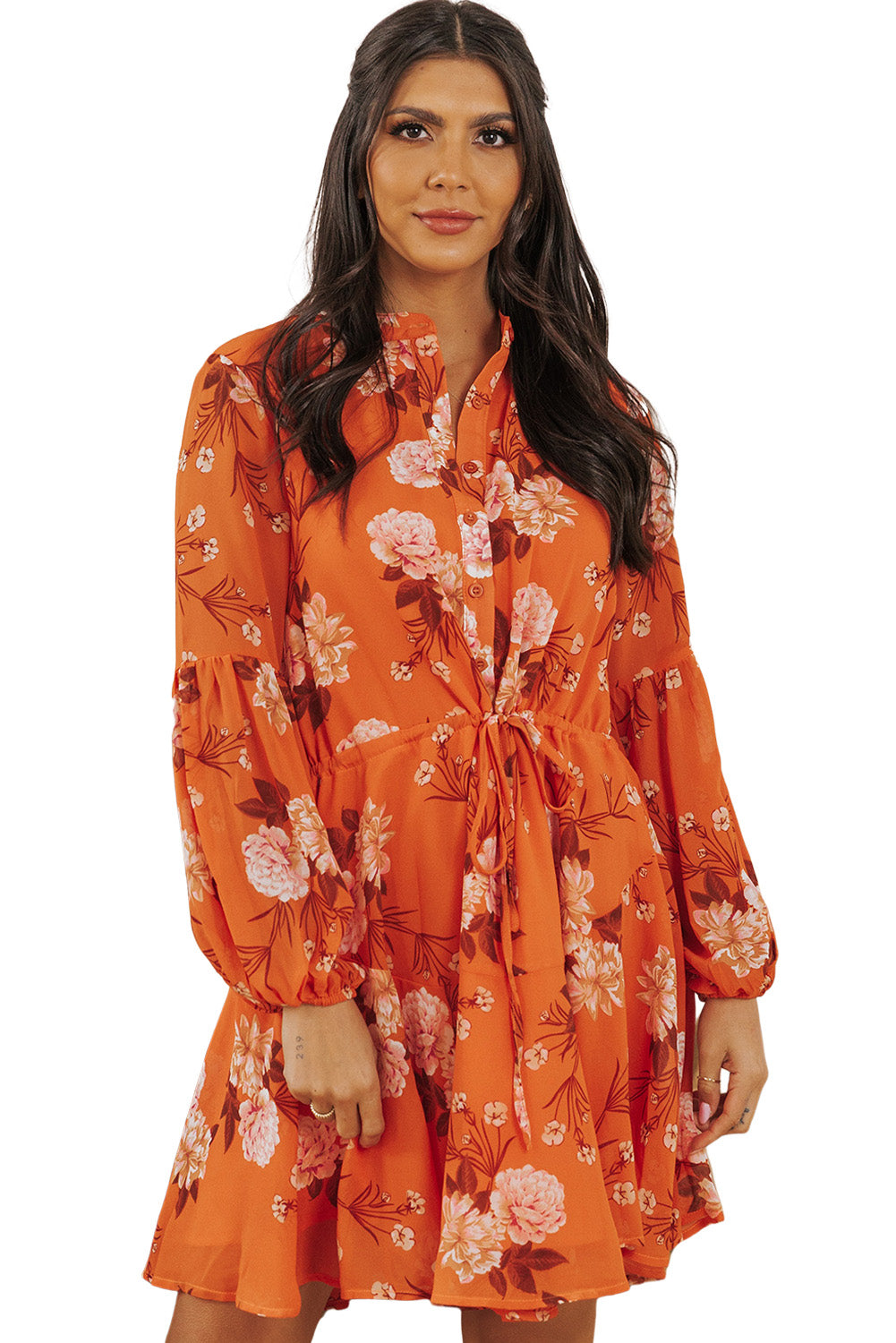 Orange Vintage Floral Print Drawstring Flowy Dress