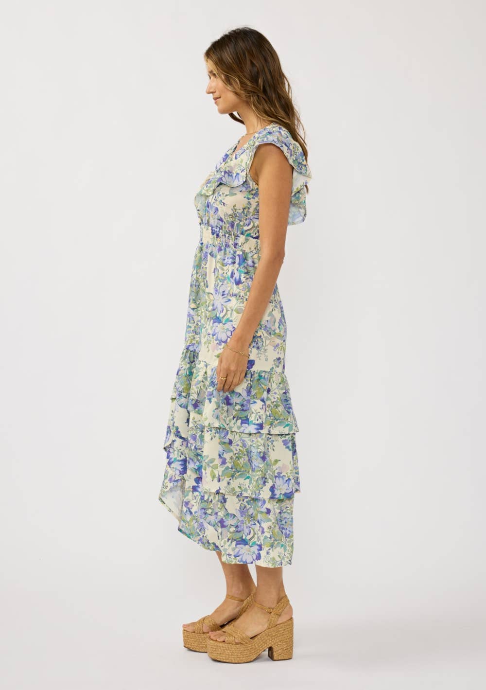 V-neck Smocked Waist Tiered Ruffle Midi Dress