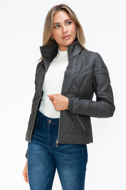 Faux Layered Double-Zipper Jacket with Fuzzy Hood