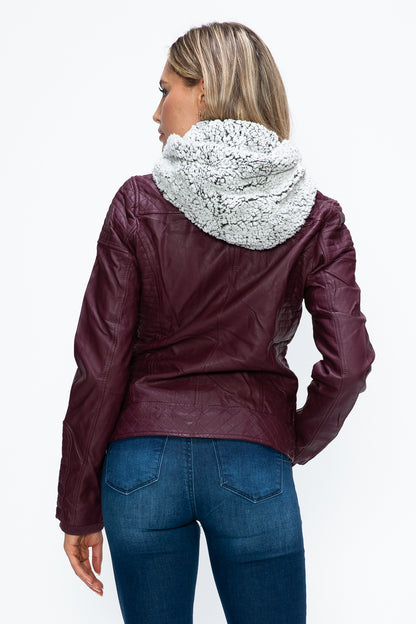 Faux Layered Double-Zipper Jacket with Fuzzy Hood