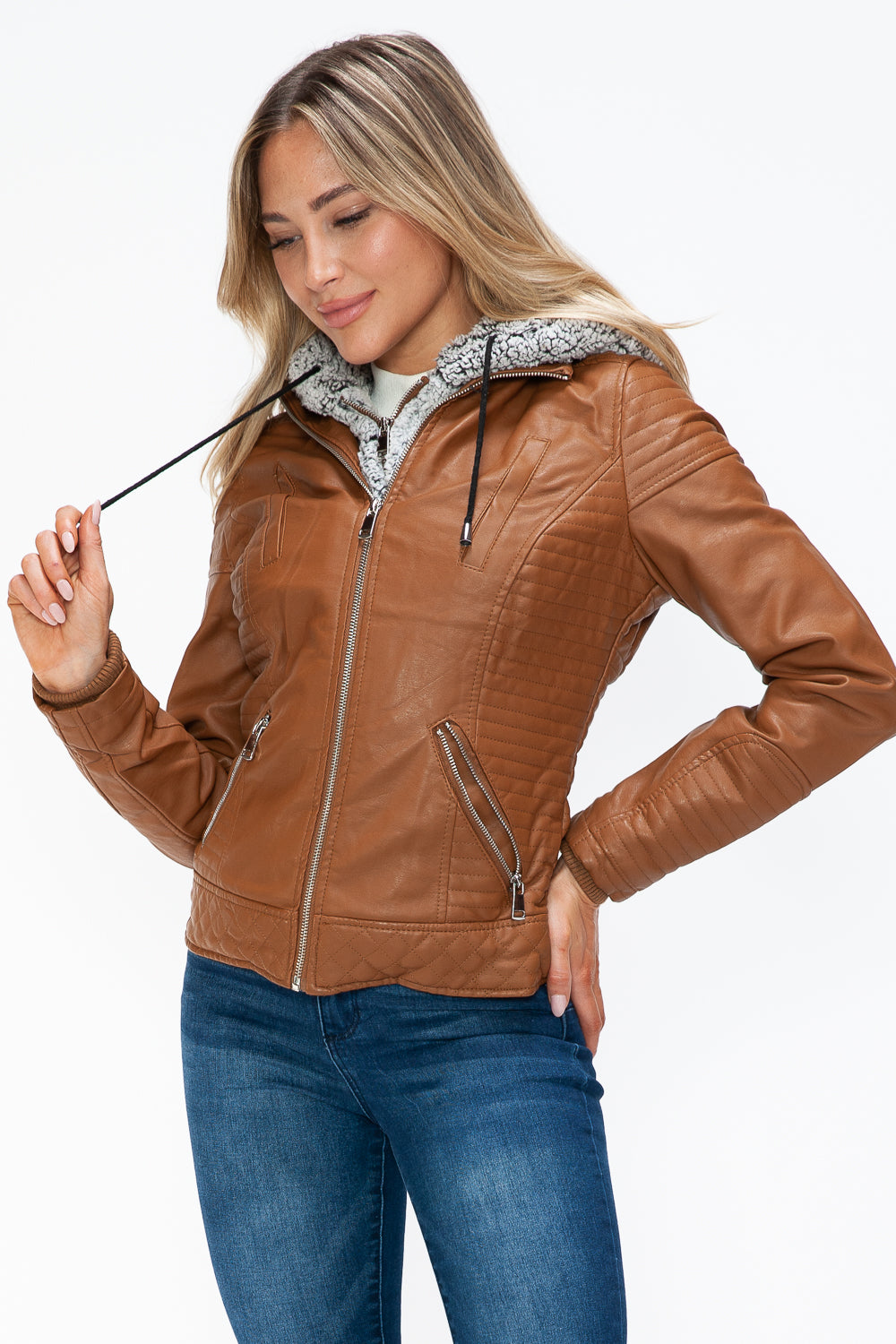 Faux Layered Double-Zipper Jacket with Fuzzy Hood