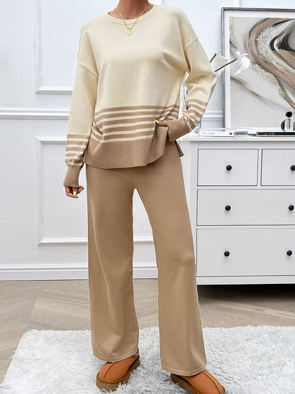 Divine Collection Slit Striped Round Neck Top and Pants Sweater Set