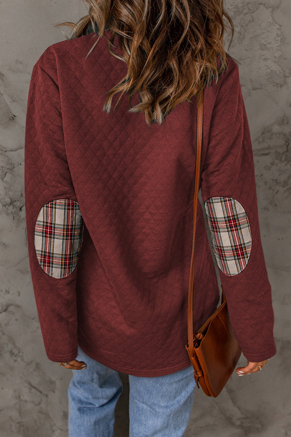 Fiery Red Geometric Texture Plaid Trim Sweatshirt