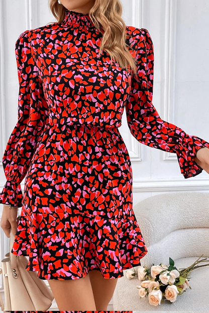 Red Heart Shape Print Long Sleeve Mini Dress