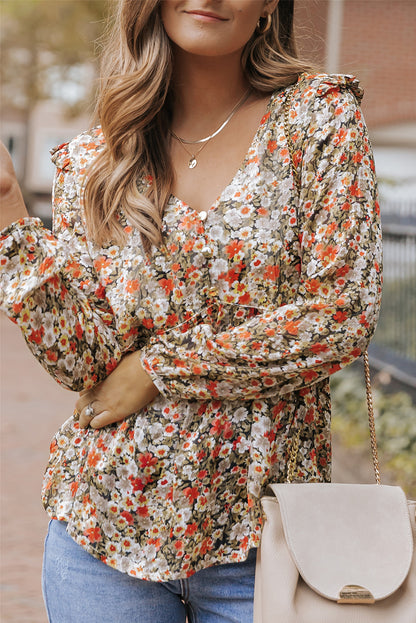 Khaki V Neck Ruffled Babydoll Floral Blouse