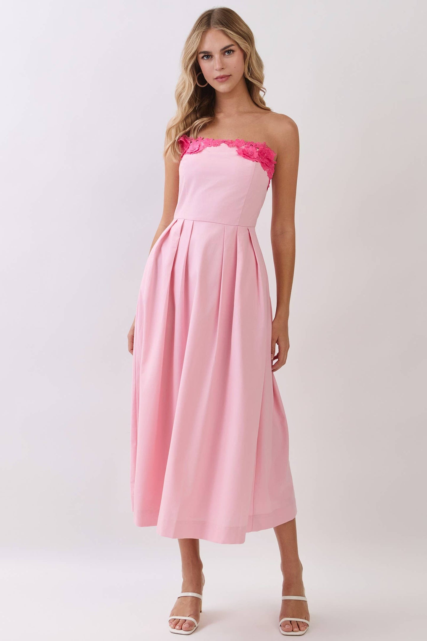 Floral Applique Detail Strapless Midi Dress