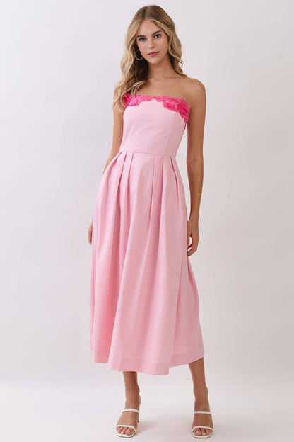 Floral Applique Detail Strapless Midi Dress