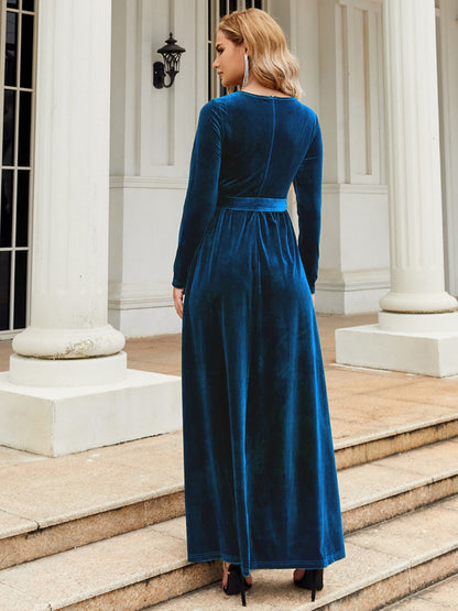 Holiday Tie Front Round Neck Long Sleeve Maxi Dress