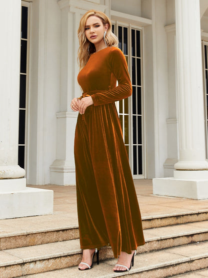 Holiday Tie Front Round Neck Long Sleeve Maxi Dress