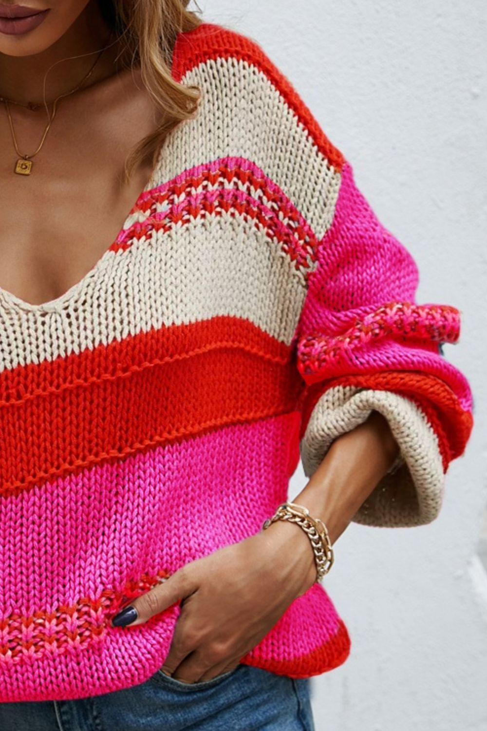 Multi Color Block V-Neck Dropped Shoulder Sweater