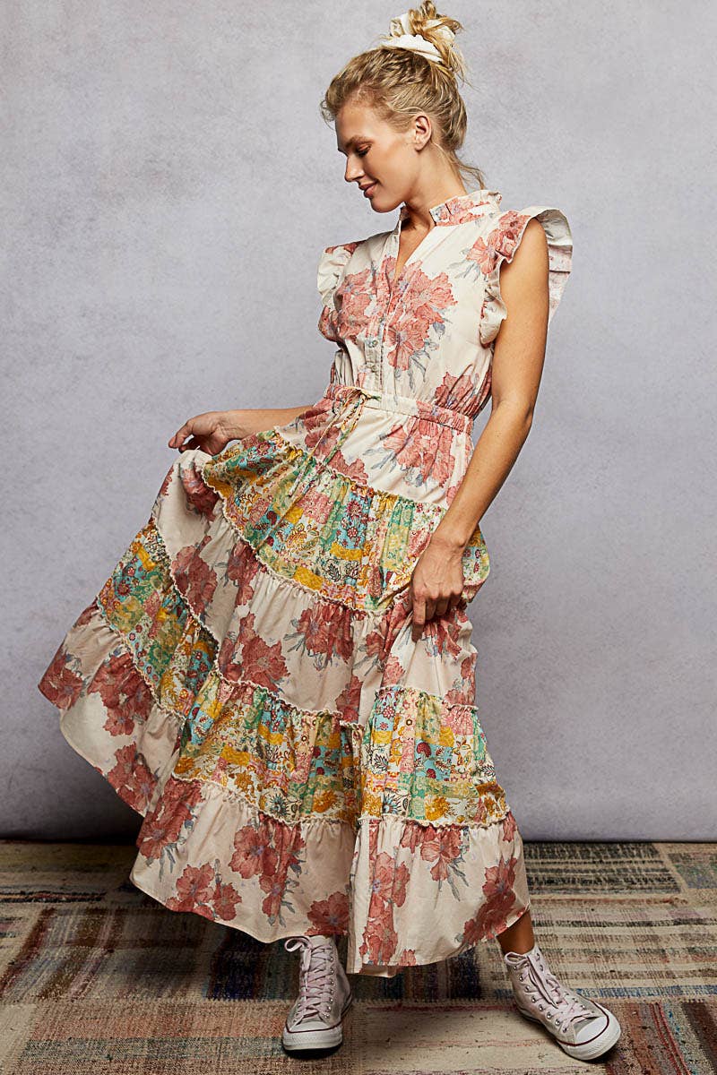 Camelia V-Neck Sleeveless Ruffle Floral Printed Maxi Dress