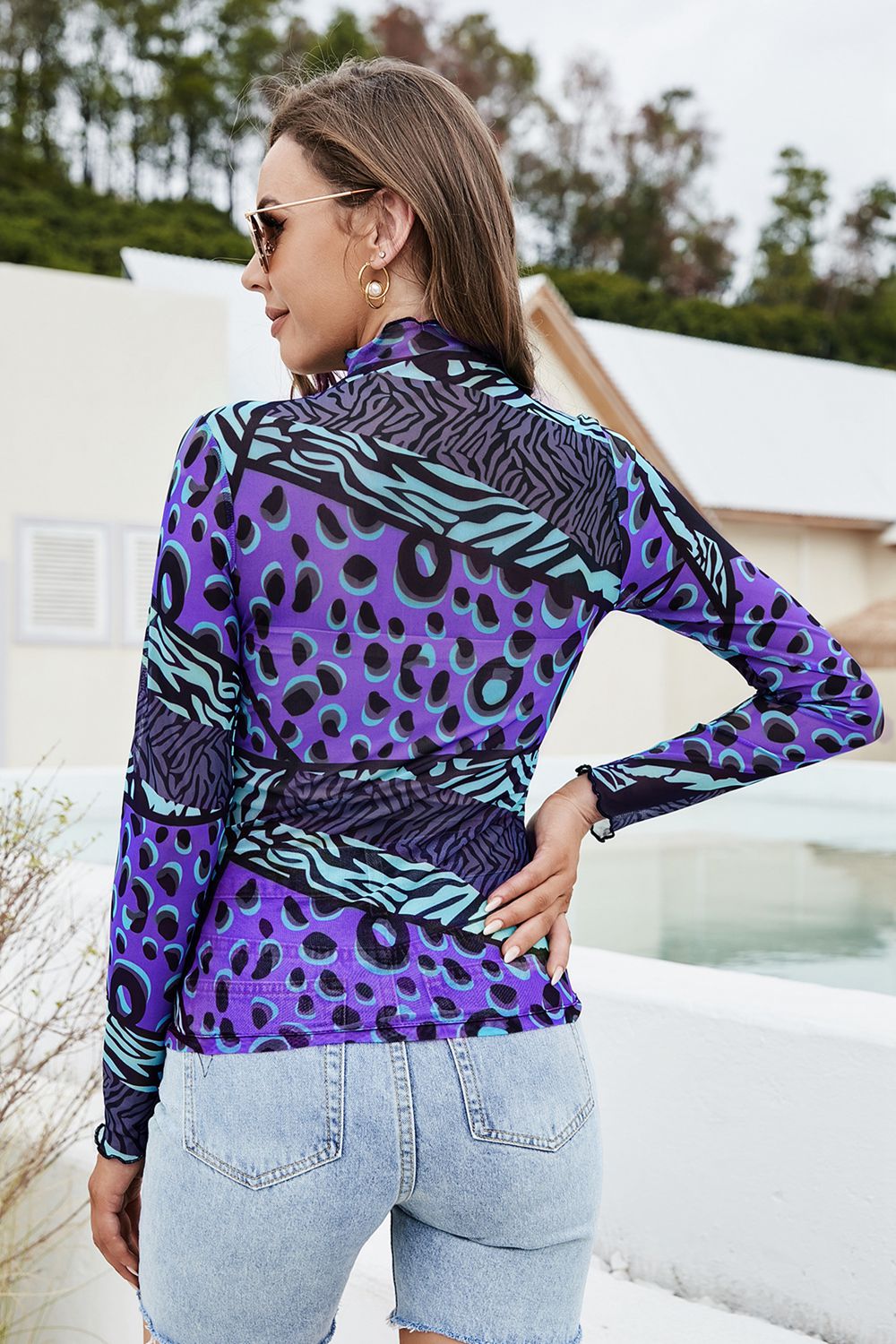 Printed Mock Neck Long Sleeve Blouse