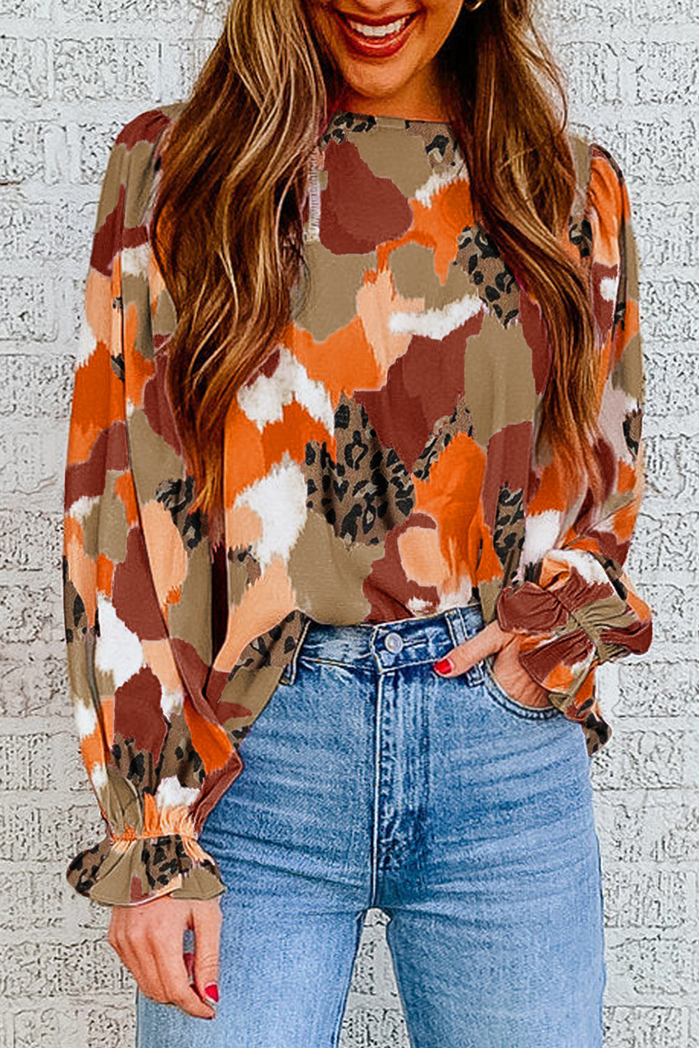 brown orange white leopard abstract print blouse puff sleeves ruffle wrist
