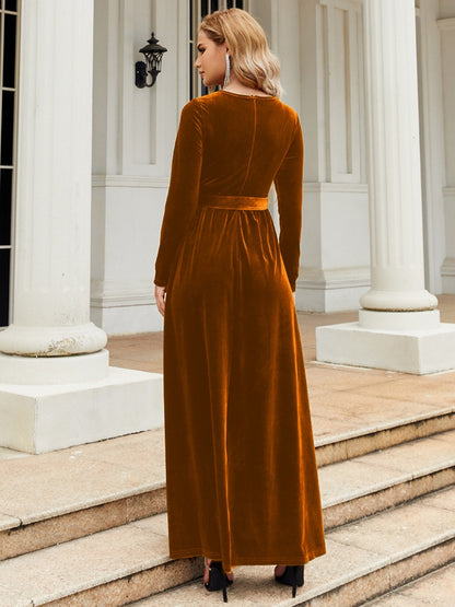 Holiday Tie Front Round Neck Long Sleeve Maxi Dress