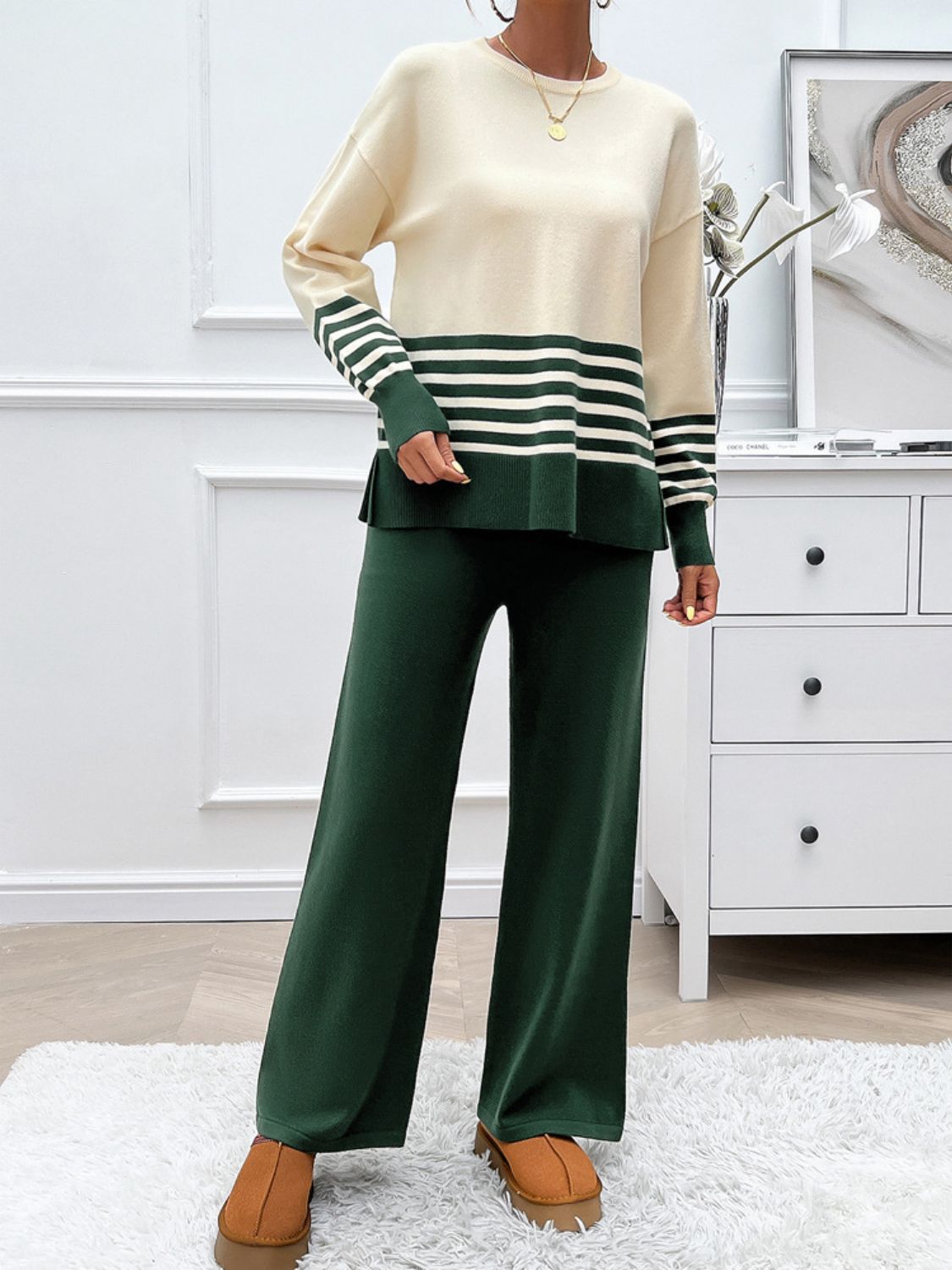 Divine Collection Slit Striped Round Neck Top and Pants Sweater Set