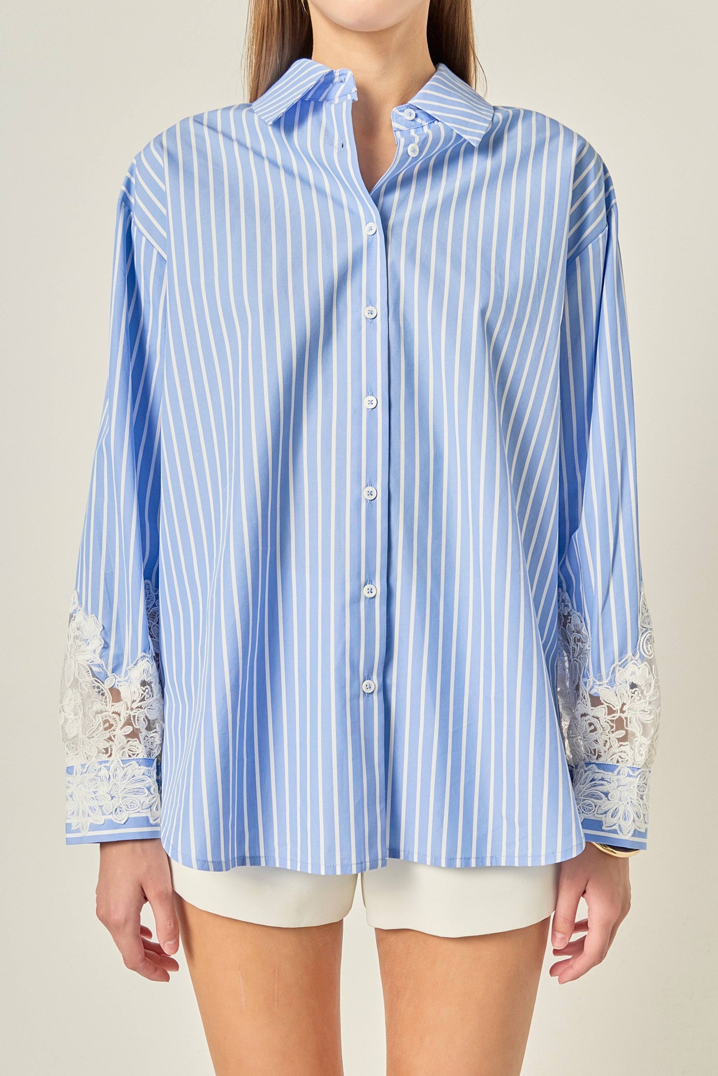 Embroidered Lace Stripe Shirt Top