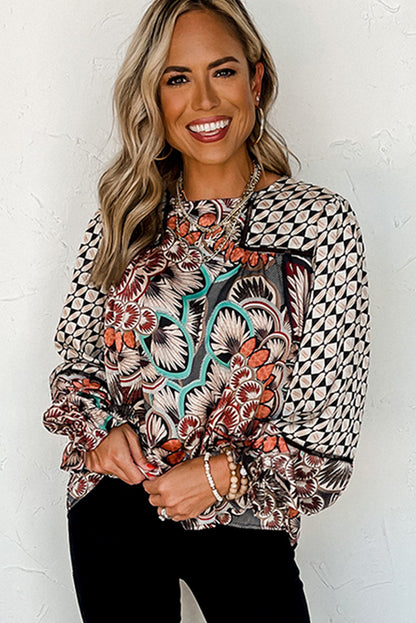 Gia Mixed Floral Geo Print Ruffled Long Sleeve Blouse