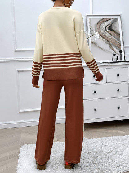 Divine Collection Slit Striped Round Neck Top and Pants Sweater Set